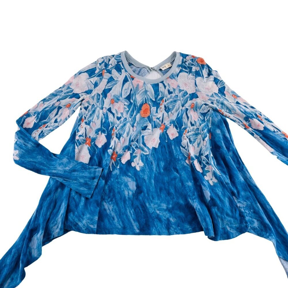 Meadow Rue XS Floral‎ Blue Long Sleeve Asymmetrical Hem Top Womens